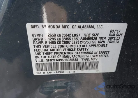 2017 Honda Pilot Touring z USA, uszkodzony, nr VIN 5FNYF6H95HB028638